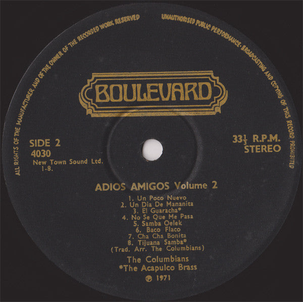 The Columbians (2) & The Acapulco Brass : Adios Amigos Volume 2 (16 Latin American Hits) (LP, Comp)