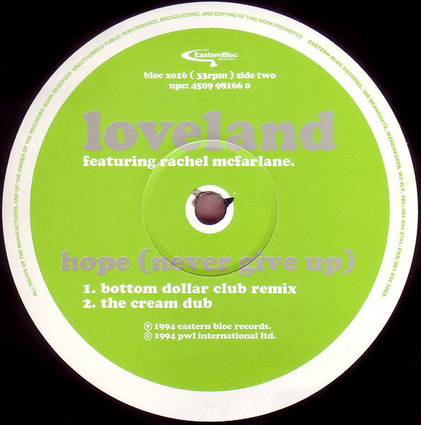 Loveland Featuring Rachel McFarlane : (Keep On) Shining / Hope (Never Give Up) (Remixes) (12")