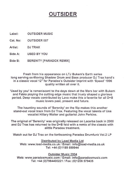 DJ Trax : Used By You / Serenity (Paradox Remix) (12", Promo, W/Lbl)
