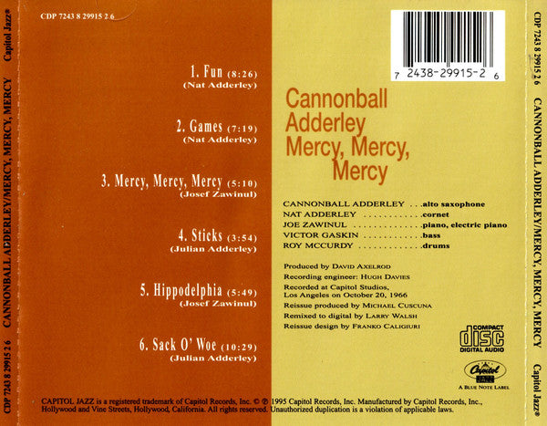 The Cannonball Adderley Quintet : Mercy, Mercy, Mercy! - Live At "The Club" (CD, Album, RE)