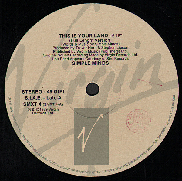 Simple Minds : This Is Your Land (12", Maxi)