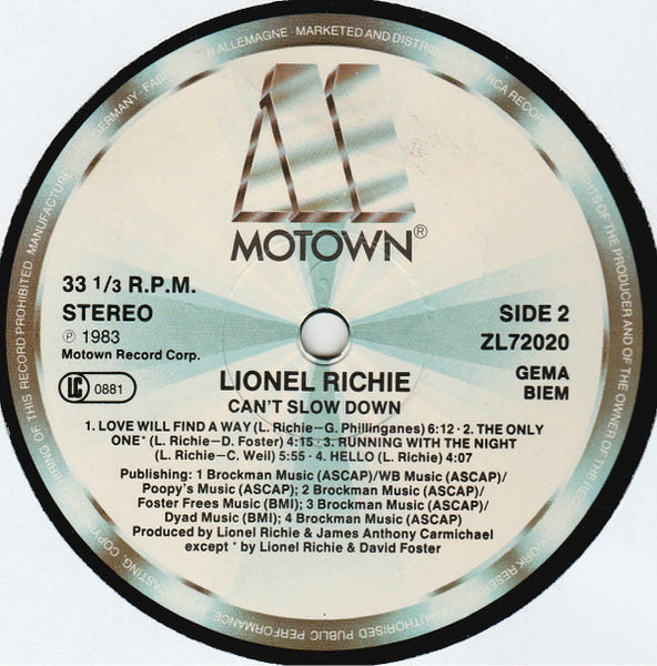 Lionel Richie : Can't Slow Down (LP, Album, RE, Gat)