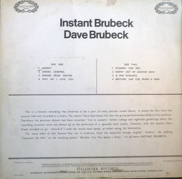 Dave Brubeck : Instant Brubeck (LP, Album, Mono, RE)