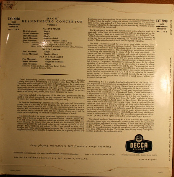 Bach* ,  Karl Münchinger Conducting The Stuttgart Chamber Orchestra* : Brandenburg Concertos Nos. 1, 3 & 6 (LP, Album, Mono)