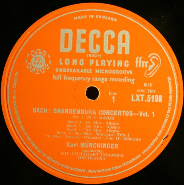 Bach* ,  Karl Münchinger Conducting The Stuttgart Chamber Orchestra* : Brandenburg Concertos Nos. 1, 3 & 6 (LP, Album, Mono)