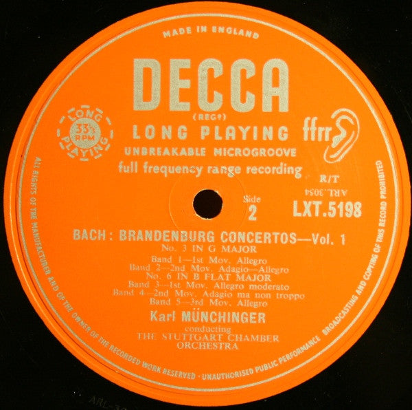 Bach* ,  Karl Münchinger Conducting The Stuttgart Chamber Orchestra* : Brandenburg Concertos Nos. 1, 3 & 6 (LP, Album, Mono)