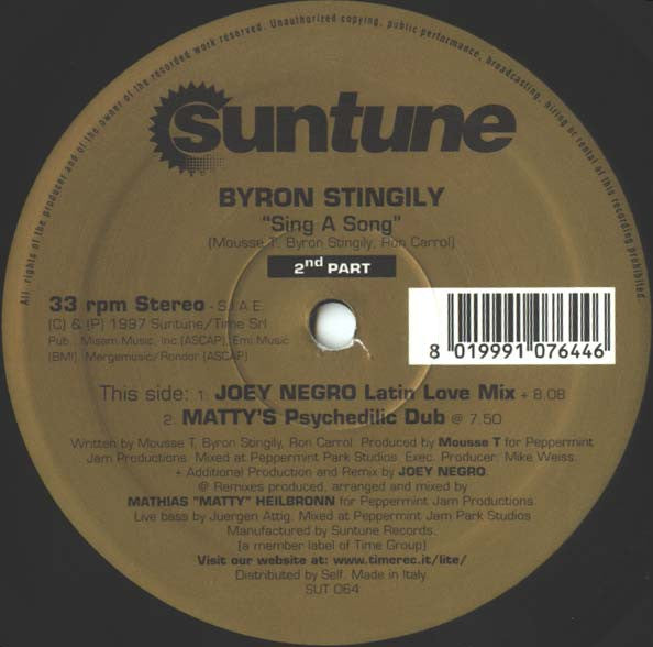 Byron Stingily : Sing A Song (Part 2) (12")