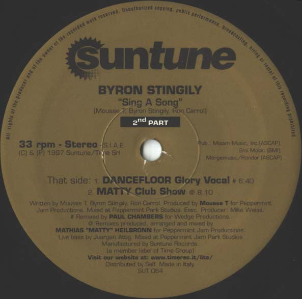 Byron Stingily : Sing A Song (Part 2) (12")