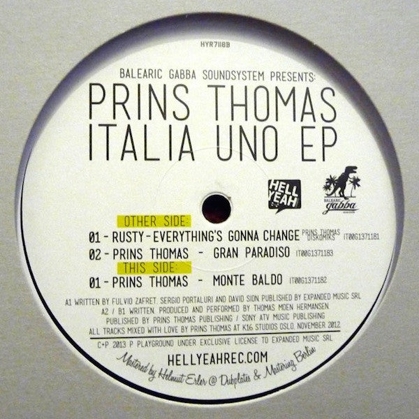 Prins Thomas : Balearic Gabba Soundsystem Presents Italia Uno EP (12", EP)