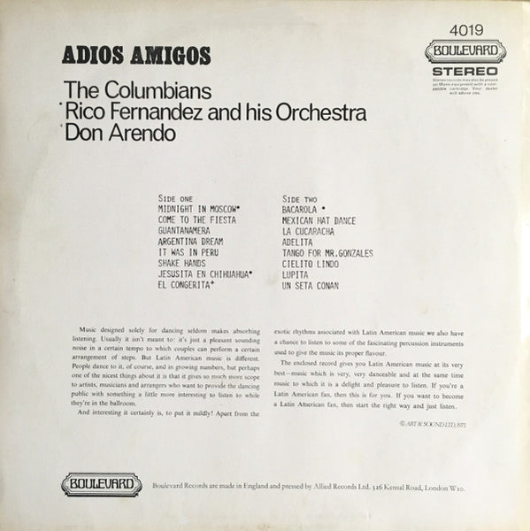 The Columbians (2) / Rico Fernandez & His Orchestra / Don Arendo : Adios Amigos Volume 1 (16 Latin American Hits) (LP, Comp)