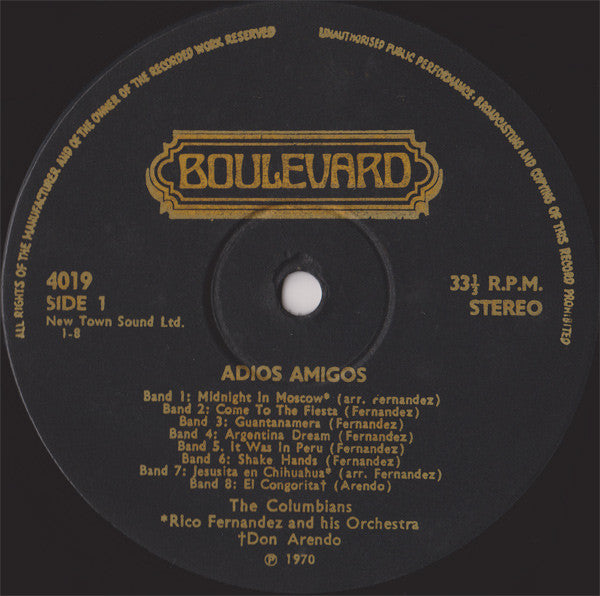 The Columbians (2) / Rico Fernandez & His Orchestra / Don Arendo : Adios Amigos Volume 1 (16 Latin American Hits) (LP, Comp)