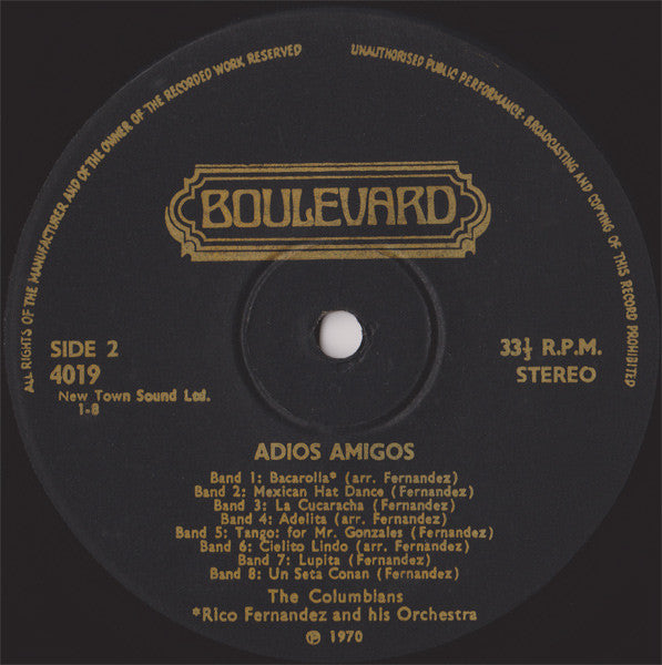 The Columbians (2) / Rico Fernandez & His Orchestra / Don Arendo : Adios Amigos Volume 1 (16 Latin American Hits) (LP, Comp)