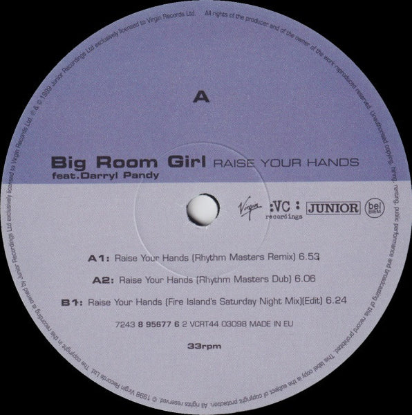 Big Room Girl Feat. Darryl Pandy : Raise Your Hands (12", Single)