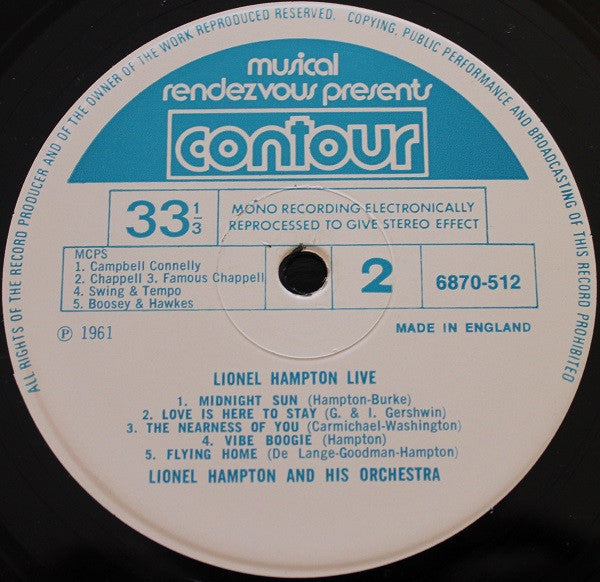 Lionel Hampton And His Orchestra : Lionel Hampton Live Lionel Hampton Live (LP, Mono)