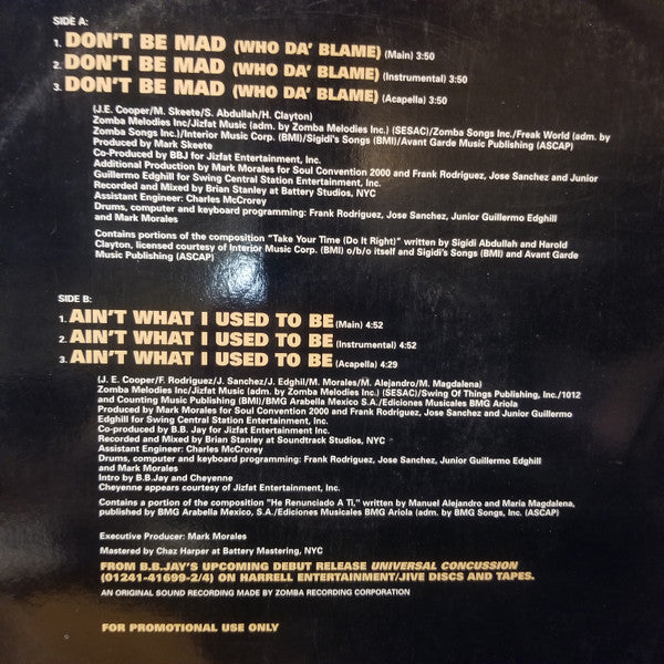 B.B. Jay : Don't Be Mad (Who Da' Blame) (12", Promo)