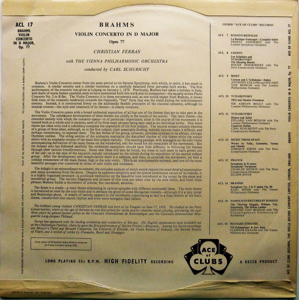 Johannes Brahms, Christian Ferras, Wiener Philharmoniker, Carl Schuricht :  Violin Concerto in D Major, Op. 77 (LP, Mono)