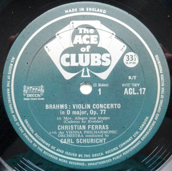 Johannes Brahms, Christian Ferras, Wiener Philharmoniker, Carl Schuricht :  Violin Concerto in D Major, Op. 77 (LP, Mono)