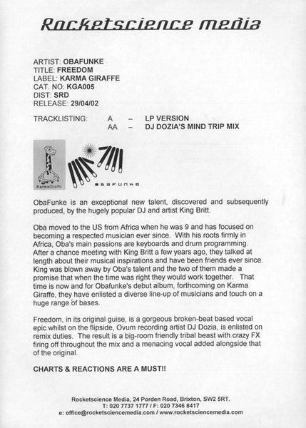 King Britt Presents Oba Funke : Freedom (12")