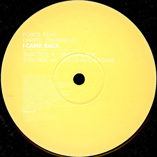 Force (7) Feat. Darryl D'Bonneau : I Came Back (12", Promo)