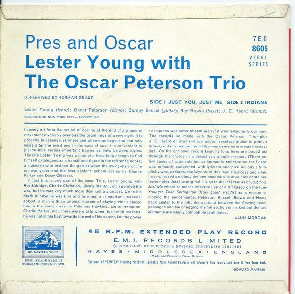 Lester Young & Oscar Peterson : Just You, Just Me (7", Single, Mono)