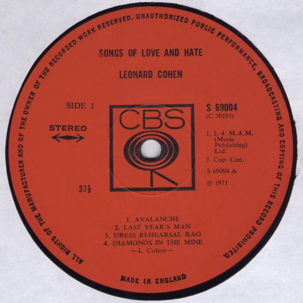 Leonard Cohen : Songs Of Love And Hate (LP, Album)