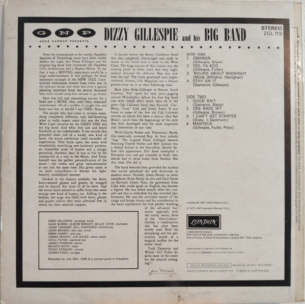 Dizzy Gillespie Big Band Featuring Chano Pozo, James Moody & Ernie Henry : The Original Dizzy Gillespie Big Band In Concert (LP, Album, RE)