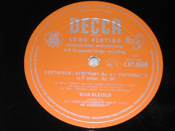 Ludwig van Beethoven - Erich Kleiber, Concertgebouworkest : Symphony No 6 In F Major Opus 68 ('Pastoral') (LP, Mono, RE)