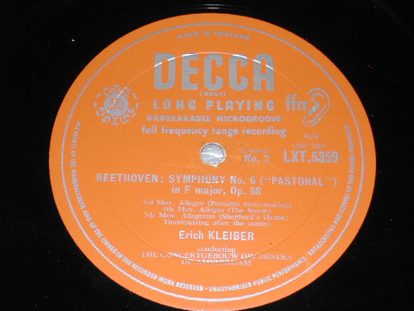 Ludwig van Beethoven - Erich Kleiber, Concertgebouworkest : Symphony No 6 In F Major Opus 68 ('Pastoral') (LP, Mono, RE)