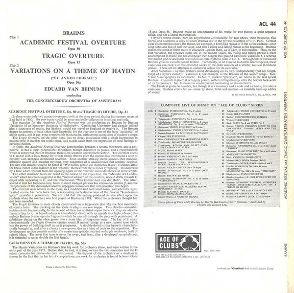Johannes Brahms, Concertgebouworkest, Eduard van Beinum : Academic Festival Overture / Tragic Overture / Variations On A Theme Of Haydn (LP, Mono, RE, RP)