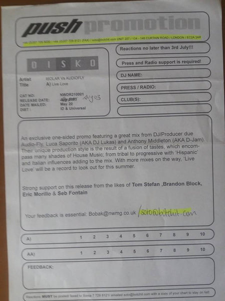 Solar (6) vs. Audiofly : Live Love (12", S/Sided, W/Lbl)