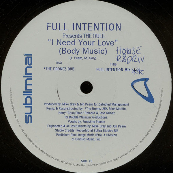 Full Intention Presents The Rule : I Need Your Love (Body Music) (12")
