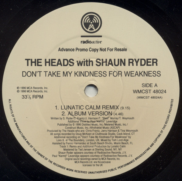 The Heads With Shaun Ryder : Don't Take My Kindness For Weakness (12", Single, Promo)