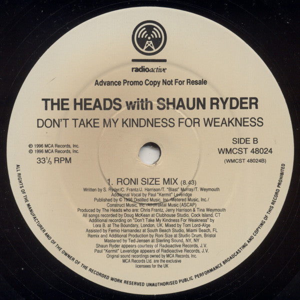 The Heads With Shaun Ryder : Don't Take My Kindness For Weakness (12", Single, Promo)