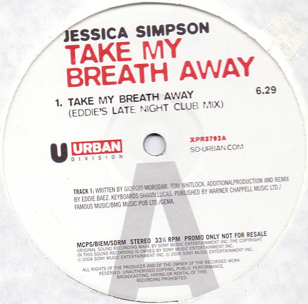 Jessica Simpson : Take My Breath Away (12", Promo)