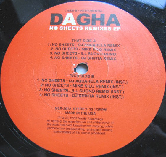 Dagha : No Sheets Remixes EP (12", EP, Ltd)