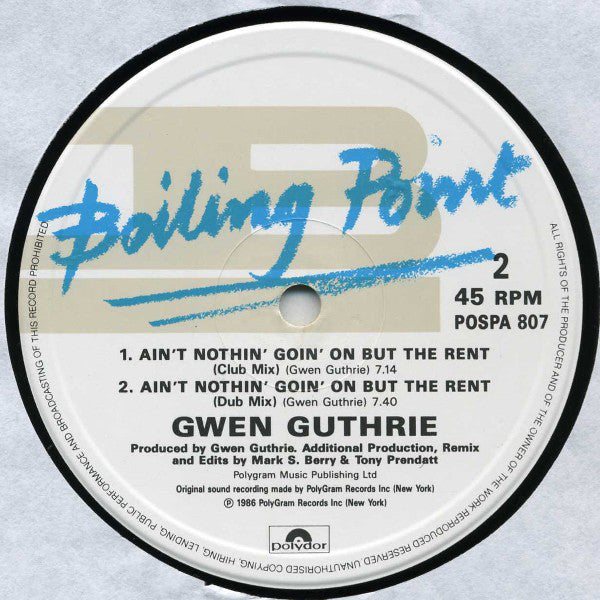 Gwen Guthrie : Ain't Nothin' Goin' On But The Rent (Landlord Mix) (12", Single)