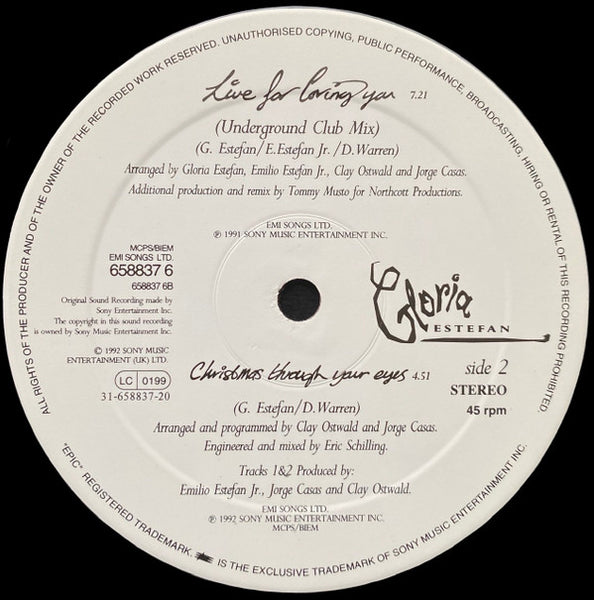 Gloria Estefan : Miami Hit Mix / Christmas Through Your Eyes (12", Single, Pos)