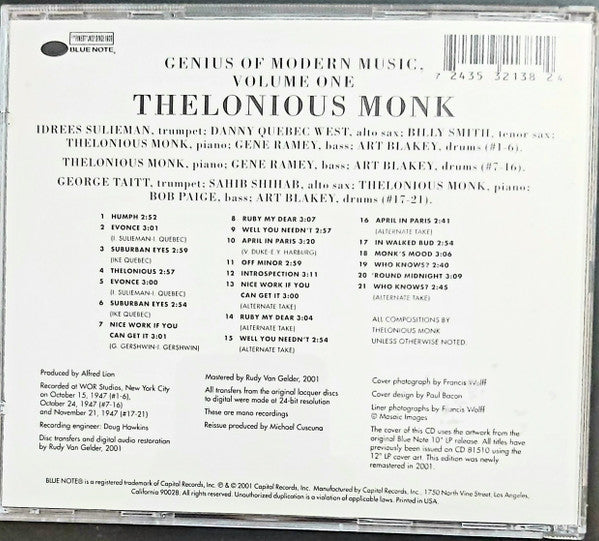 Thelonious Monk : Genius Of Modern Music Volume One (CD, Comp, Mono, RE, RM)