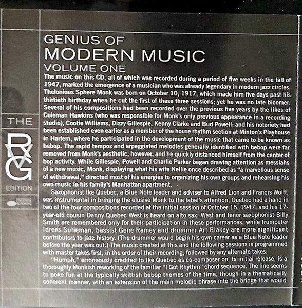 Thelonious Monk : Genius Of Modern Music Volume One (CD, Comp, Mono, RE, RM)