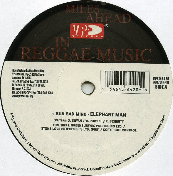 Elephant Man : Bun Bad Mind / Hate Mi (12")