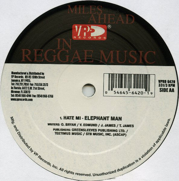 Elephant Man : Bun Bad Mind / Hate Mi (12")